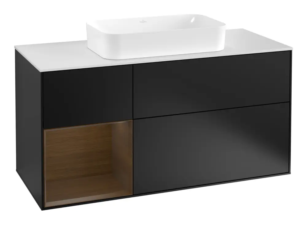 Villeroy & Boch Finion Waschbeckenunterschrank für Becken mittig Regal links für Finion 3 Auszüge mit Beleuchtung (3x LED) 1200 x 603 x 501 mm - Black Matt Lacquer / Walnut Veneer / Glass White Matt Jetzt Bestellen