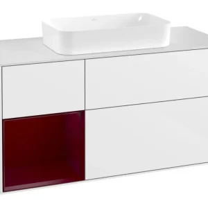 Expressversand Villeroy & Boch Finion Waschbeckenunterschrank für Becken mittig Regal links für Finion 3 Auszüge mit Beleuchtung (3x LED) 1200 x 603 x 501 mm - Glossy White Lacquer / Peony Matt Lacquer / Glass White Matt