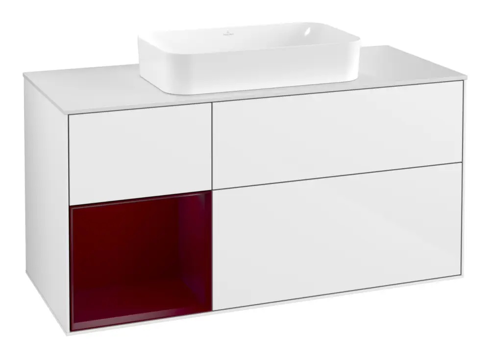Expressversand Villeroy & Boch Finion Waschbeckenunterschrank für Becken mittig Regal links für Finion 3 Auszüge mit Beleuchtung (3x LED) 1200 x 603 x 501 mm - Glossy White Lacquer / Peony Matt Lacquer / Glass White Matt
