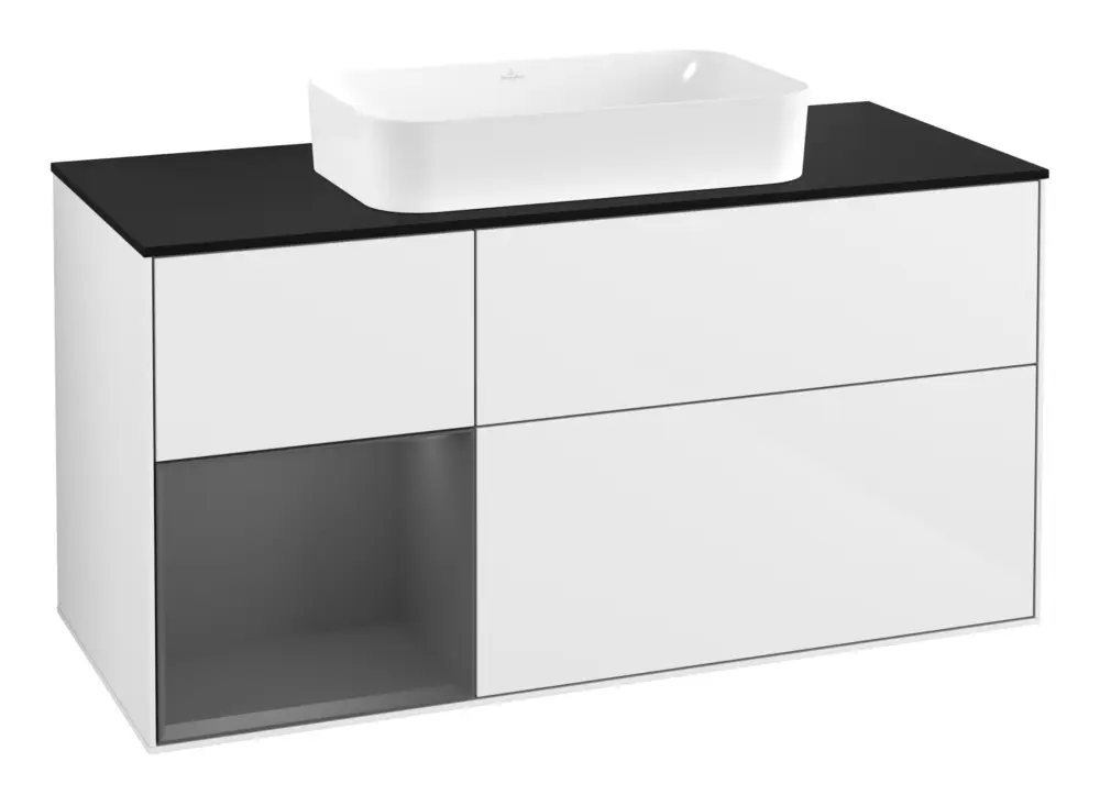Villeroy & Boch Finion Waschbeckenunterschrank für Becken mittig Regal links für Finion 3 Auszüge mit Beleuchtung (3x LED) 1200 x 603 x 501 mm - Glossy White Lacquer / Anthracite Matt Lacquer / Glass Black Matt Neu