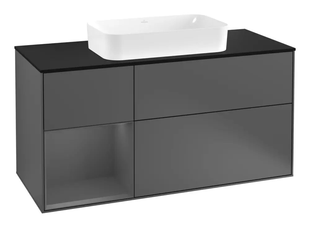 Villeroy & Boch Finion Waschbeckenunterschrank für Becken mittig Regal links für Finion 3 Auszüge mit Beleuchtung (3x LED) 1200 x 603 x 501 mm - Anthracite Matt Lacquer / Glass Black Matt Ausverkauf