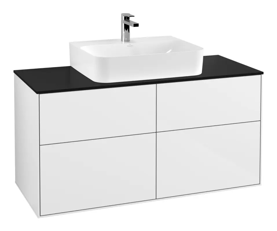 Villeroy & Boch Finion Waschbeckenunterschrank für Becken mittig ohne Regal für Finion / Memento 2.0 4 Auszüge 1200 x 603 x 501 mm - Glossy White Lacquer / Glass Black Matt Top-Seller
