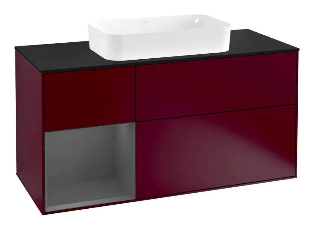 Villeroy & Boch Finion Waschbeckenunterschrank für Becken mittig Regal links für Finion 3 Auszüge mit Beleuchtung (3x LED) 1200 x 603 x 501 mm - Peony Matt Lacquer / Anthracite Matt Lacquer / Glass Black Matt Billig
