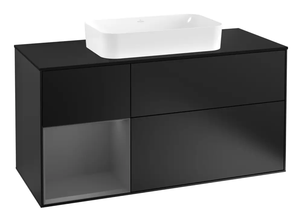 Beliebt Villeroy & Boch Finion Waschbeckenunterschrank für Becken mittig Regal links für Finion 3 Auszüge mit Beleuchtung (3x LED) 1200 x 603 x 501 mm - Black Matt Lacquer / Anthracite Matt Lacquer / Glass Black Matt