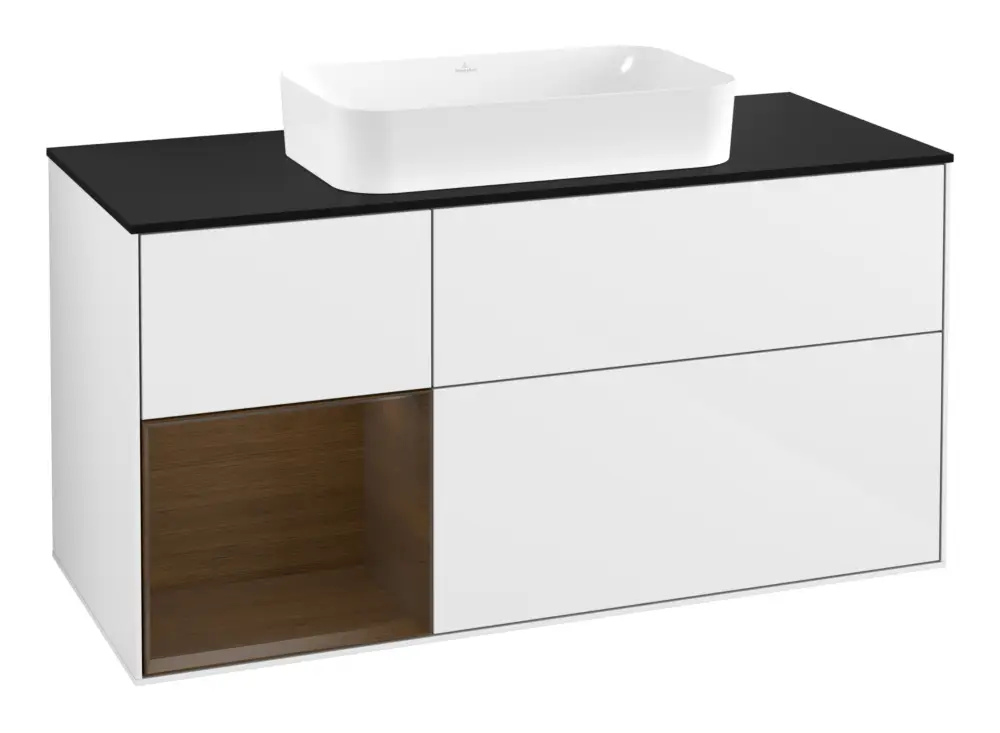 Villeroy & Boch Finion Waschbeckenunterschrank für Becken mittig Regal links für Finion 3 Auszüge mit Beleuchtung (3x LED) 1200 x 603 x 501 mm - Glossy White Lacquer / Walnut Veneer / Glass Black Matt Expressversand