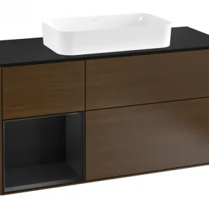 Abverkauf Villeroy & Boch Finion Waschbeckenunterschrank für Becken mittig Regal links für Finion 3 Auszüge mit Beleuchtung (3x LED) 1200 x 603 x 501 mm - Walnut Veneer / Black Matt Lacquer / Glass Black Matt