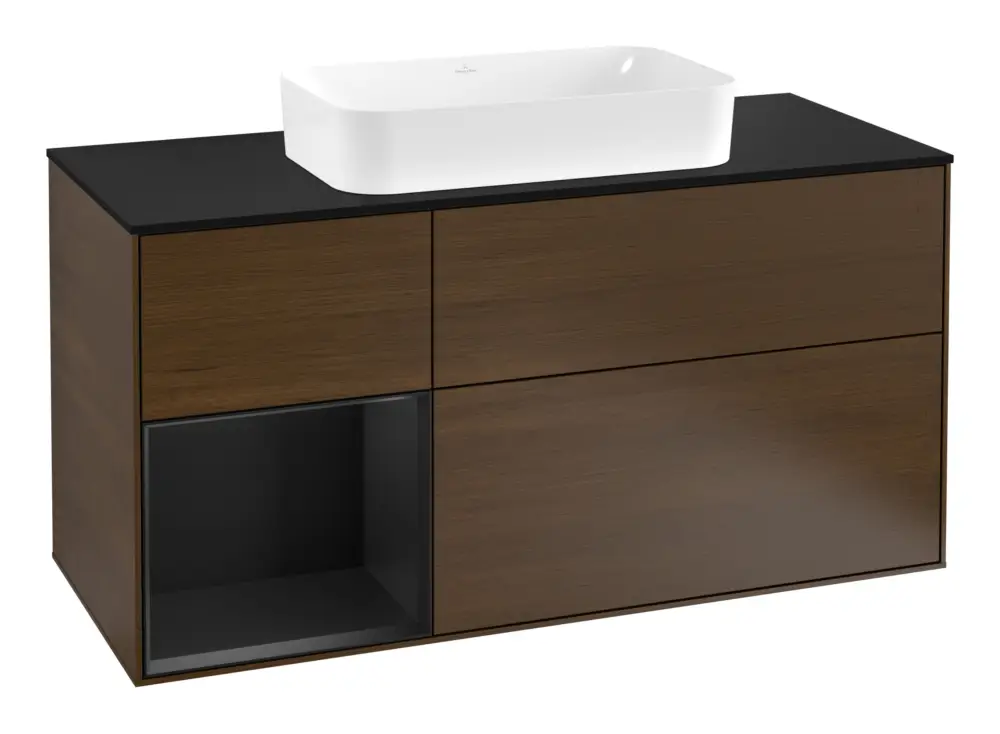 Abverkauf Villeroy & Boch Finion Waschbeckenunterschrank für Becken mittig Regal links für Finion 3 Auszüge mit Beleuchtung (3x LED) 1200 x 603 x 501 mm - Walnut Veneer / Black Matt Lacquer / Glass Black Matt
