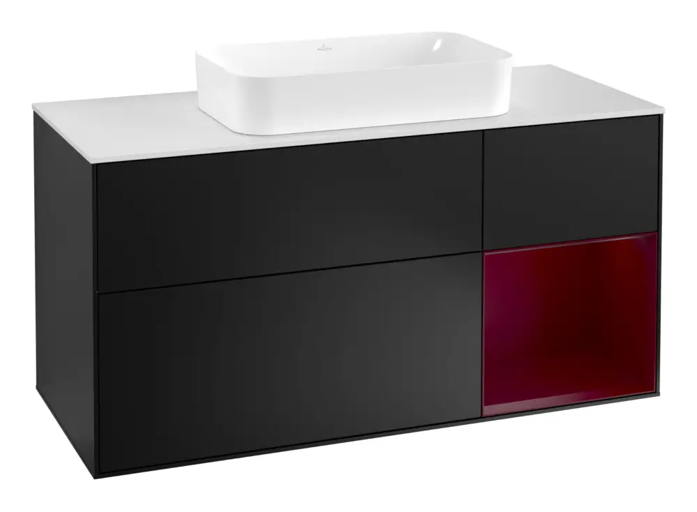 Wochenendangebot Villeroy & Boch Finion Waschbeckenunterschrank für Becken mittig Regal rechts für Finion 3 Auszüge mit Beleuchtung (3x LED) 1200 x 603 x 501 mm - Black Matt Lacquer / Peony Matt Lacquer / Glass White Matt