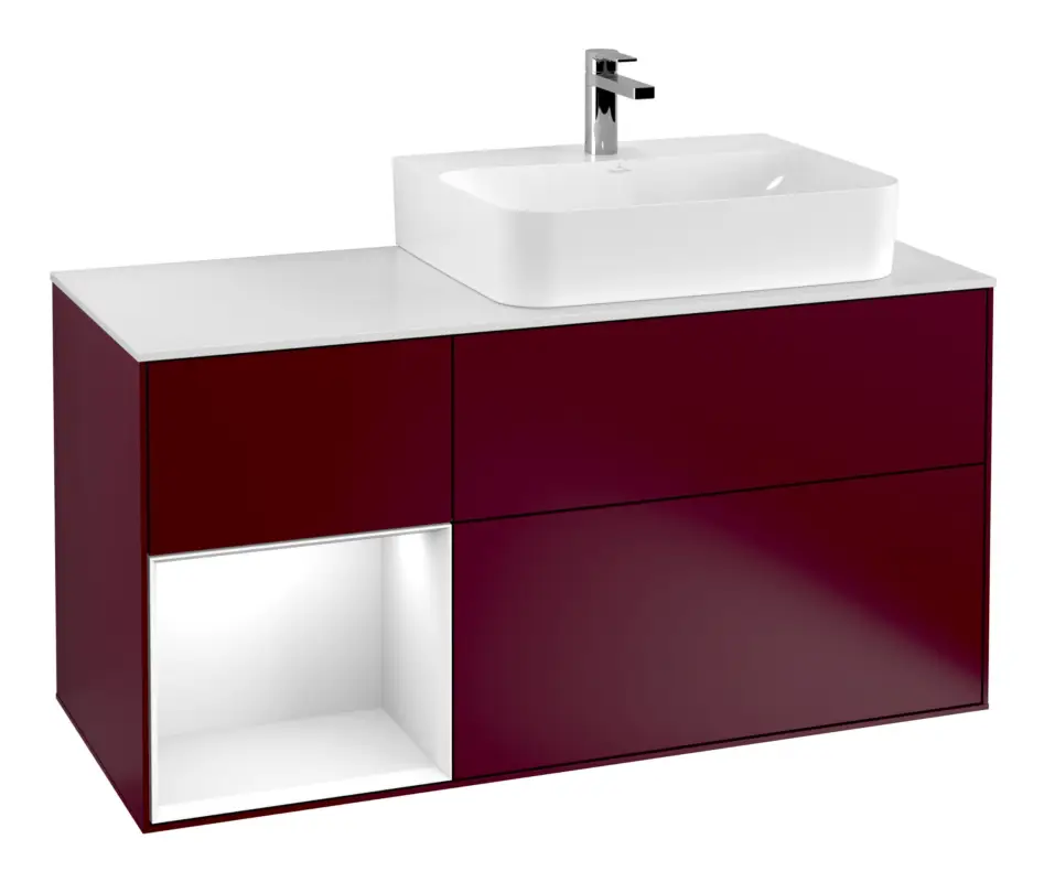 Villeroy & Boch Finion Waschbeckenunterschrank für Becken rechts Regal links für Finion / Memento 2.0 3 Auszüge mit Beleuchtung (1x LED) 1200 x 603 x 501 mm - Peony Matt Lacquer / Glossy White Lacquer / Glass White Matt Jetzt Kaufen