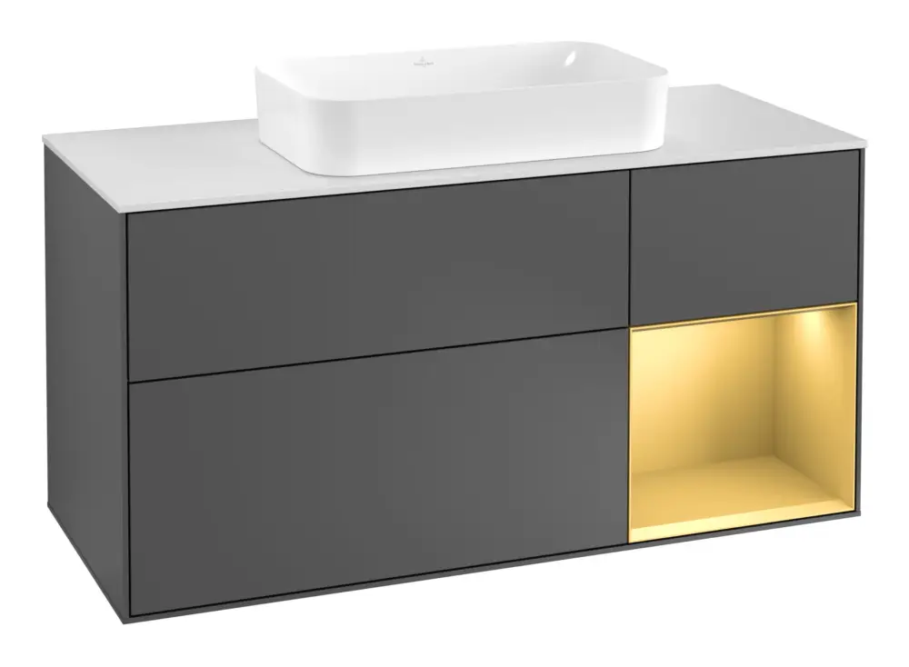 Villeroy & Boch Finion Waschbeckenunterschrank für Becken mittig Regal rechts für Finion 3 Auszüge mit Beleuchtung (3x LED) 1200 x 603 x 501 mm - Anthracite Matt Lacquer / Gold Matt Lacquer / Glass White Matt Schneller Versand