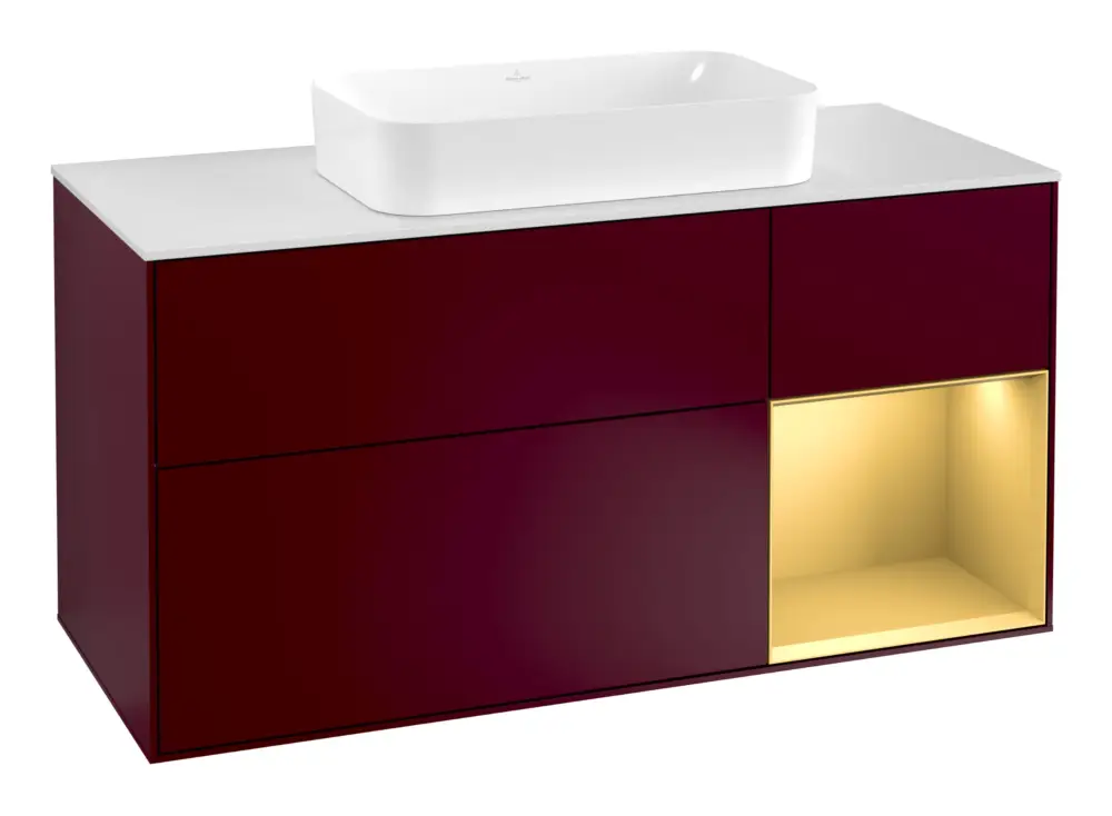 Villeroy & Boch Finion Waschbeckenunterschrank für Becken mittig Regal rechts für Finion 3 Auszüge mit Beleuchtung (3x LED) 1200 x 603 x 501 mm - Peony Matt Lacquer / Gold Matt Lacquer / Glass White Matt Neu