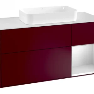 Abverkauf Villeroy & Boch Finion Waschbeckenunterschrank für Becken mittig Regal rechts für Finion 3 Auszüge mit Beleuchtung (3x LED) 1200 x 603 x 501 mm - Peony Matt Lacquer / White Matt Lacquer / Glass White Matt