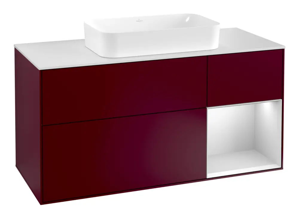 Abverkauf Villeroy & Boch Finion Waschbeckenunterschrank für Becken mittig Regal rechts für Finion 3 Auszüge mit Beleuchtung (3x LED) 1200 x 603 x 501 mm - Peony Matt Lacquer / White Matt Lacquer / Glass White Matt