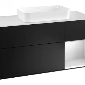 Aktuell Villeroy & Boch Finion Waschbeckenunterschrank für Becken mittig Regal rechts für Finion 3 Auszüge mit Beleuchtung (3x LED) 1200 x 603 x 501 mm - Black Matt Lacquer / White Matt Lacquer / Glass White Matt
