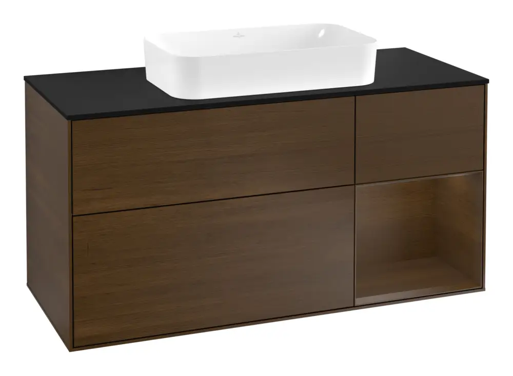 Günstig Villeroy & Boch Finion Waschbeckenunterschrank für Becken mittig Regal rechts für Finion 3 Auszüge mit Beleuchtung (3x LED) 1200 x 603 x 501 mm - Walnut Veneer / Glass Black Matt
