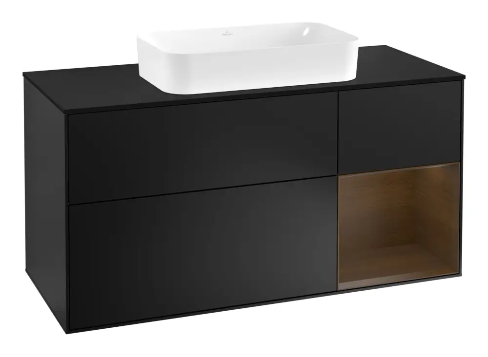 Villeroy & Boch Finion Waschbeckenunterschrank für Becken mittig Regal rechts für Finion 3 Auszüge mit Beleuchtung (3x LED) 1200 x 603 x 501 mm - Black Matt Lacquer / Walnut Veneer / Glass Black Matt Echt