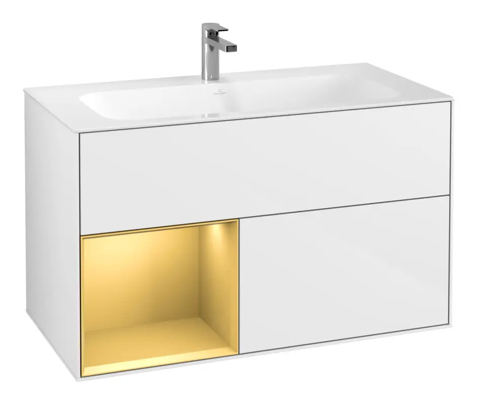 Markenprodukt Villeroy & Boch Finion Waschbeckenunterschrank für Becken mittig Regal links für Finion 2 Auszüge mit Beleuchtung (1x LED) 996 x 591 x 498 mm - Glossy White Lacquer / Gold Matt Lacquer
