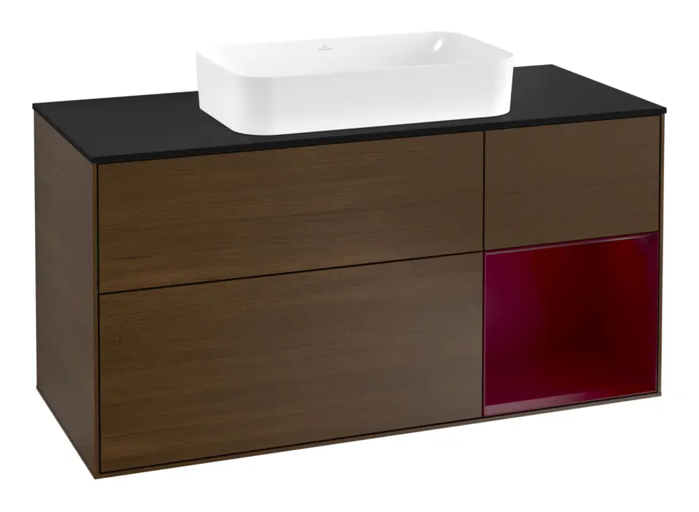 Top-Seller Villeroy & Boch Finion Waschbeckenunterschrank für Becken mittig Regal rechts für Finion 3 Auszüge mit Beleuchtung (3x LED) 1200 x 603 x 501 mm - Walnut Veneer / Peony Matt Lacquer / Glass Black Matt