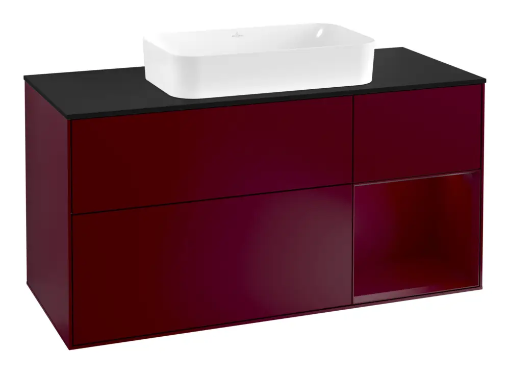 Sonderaktion Villeroy & Boch Finion Waschbeckenunterschrank für Becken mittig Regal rechts für Finion 3 Auszüge mit Beleuchtung (3x LED) 1200 x 603 x 501 mm - Peony Matt Lacquer / Glass Black Matt
