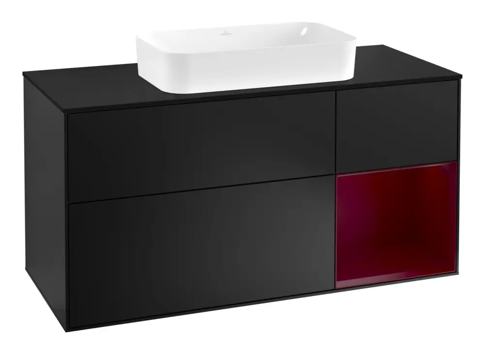 Villeroy & Boch Finion Waschbeckenunterschrank für Becken mittig Regal rechts für Finion 3 Auszüge mit Beleuchtung (3x LED) 1200 x 603 x 501 mm - Black Matt Lacquer / Peony Matt Lacquer / Glass Black Matt Neue Kollektion