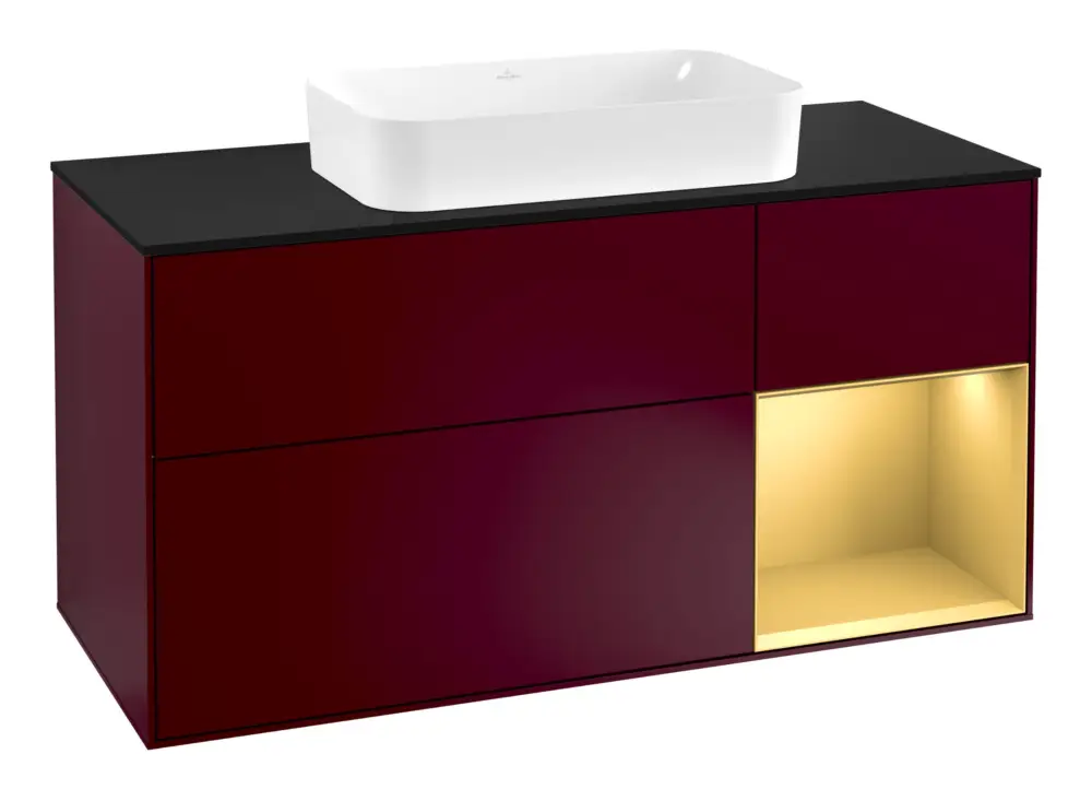 Villeroy & Boch Finion Waschbeckenunterschrank für Becken mittig Regal rechts für Finion 3 Auszüge mit Beleuchtung (3x LED) 1200 x 603 x 501 mm - Peony Matt Lacquer / Gold Matt Lacquer / Glass Black Matt Angebot
