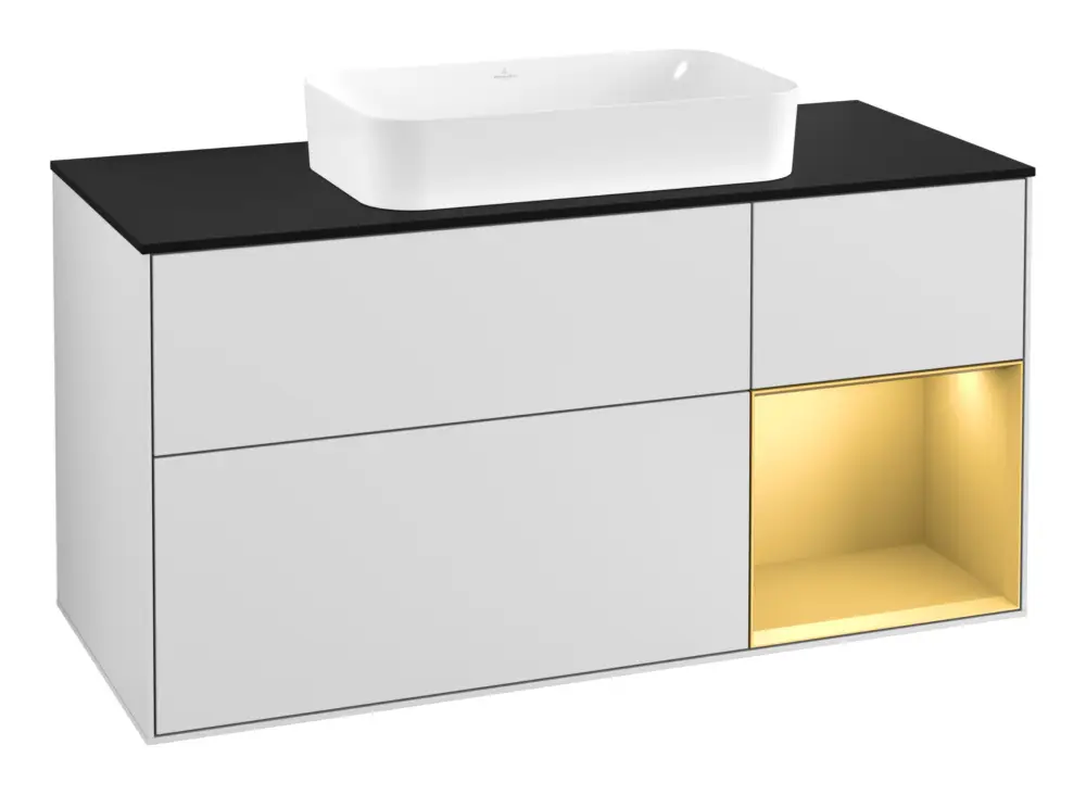 Villeroy & Boch Finion Waschbeckenunterschrank für Becken mittig Regal rechts für Finion 3 Auszüge mit Beleuchtung (3x LED) 1200 x 603 x 501 mm - White Matt Lacquer / Gold Matt Lacquer / Glass Black Matt Sale