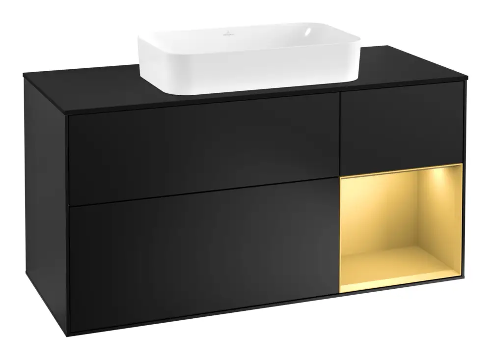 Sichere Zahlung Villeroy & Boch Finion Waschbeckenunterschrank für Becken mittig Regal rechts für Finion 3 Auszüge mit Beleuchtung (3x LED) 1200 x 603 x 501 mm - Black Matt Lacquer / Gold Matt Lacquer / Glass Black Matt