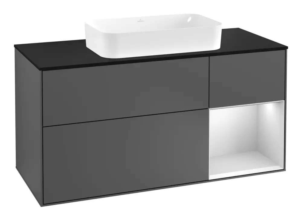 Letzte Chance Villeroy & Boch Finion Waschbeckenunterschrank für Becken mittig Regal rechts für Finion 3 Auszüge mit Beleuchtung (3x LED) 1200 x 603 x 501 mm - Anthracite Matt Lacquer / White Matt Lacquer / Glass Black Matt