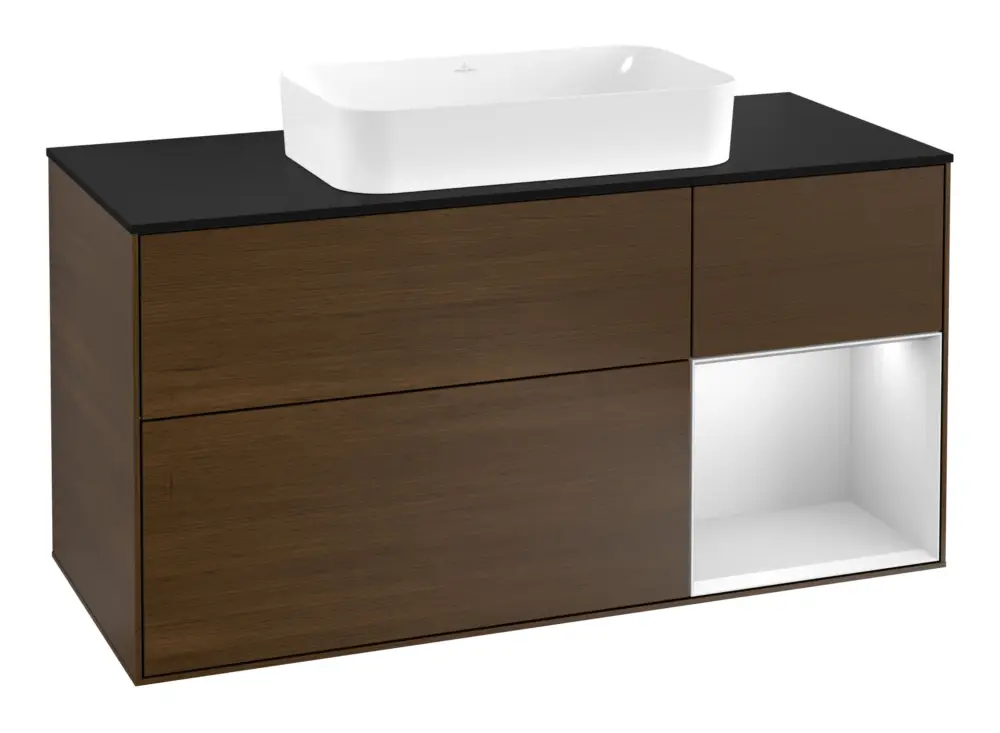 Villeroy & Boch Finion Waschbeckenunterschrank für Becken mittig Regal rechts für Finion 3 Auszüge mit Beleuchtung (3x LED) 1200 x 603 x 501 mm - Walnut Veneer / White Matt Lacquer / Glass Black Matt Ausverkauf