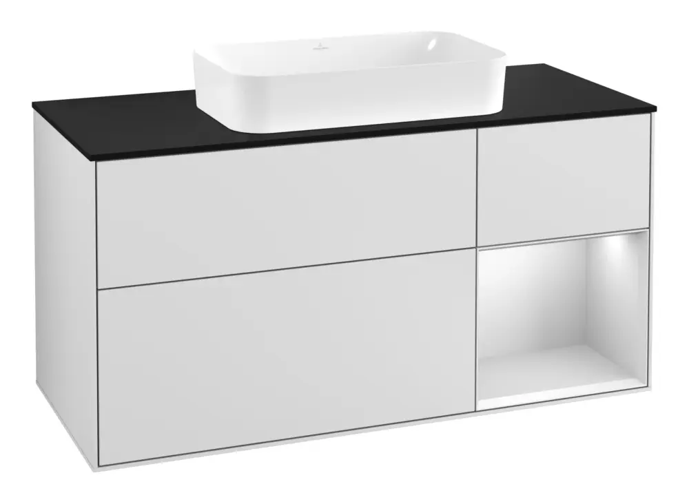 Nur Für Kurze Zeit Villeroy & Boch Finion Waschbeckenunterschrank für Becken mittig Regal rechts für Finion 3 Auszüge mit Beleuchtung (3x LED) 1200 x 603 x 501 mm - White Matt Lacquer / Glass Black Matt