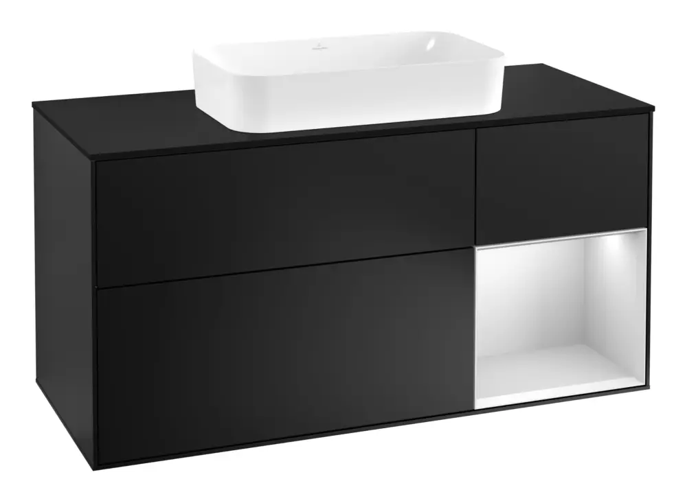 Top-Seller Villeroy & Boch Finion Waschbeckenunterschrank für Becken mittig Regal rechts für Finion 3 Auszüge mit Beleuchtung (3x LED) 1200 x 603 x 501 mm - Black Matt Lacquer / White Matt Lacquer / Glass Black Matt