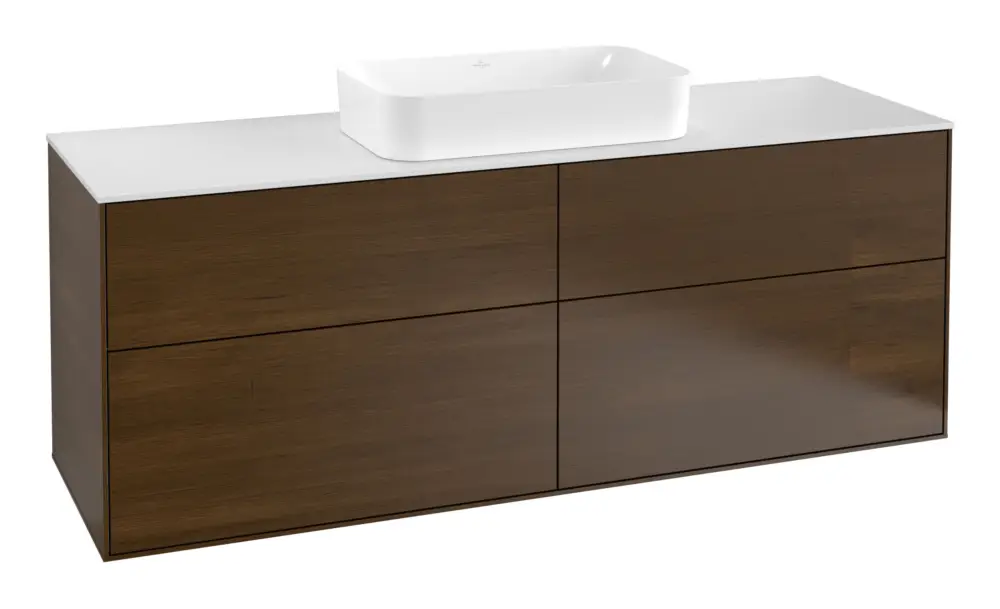 Online Kaufen Villeroy & Boch Finion Waschbeckenunterschrank für Becken mittig ohne Regal für Finion 4 Auszüge mit Beleuchtung (2x LED) mit Hahnloch 1600 x 603 x 501 mm - Walnut Veneer / Glass White Matt