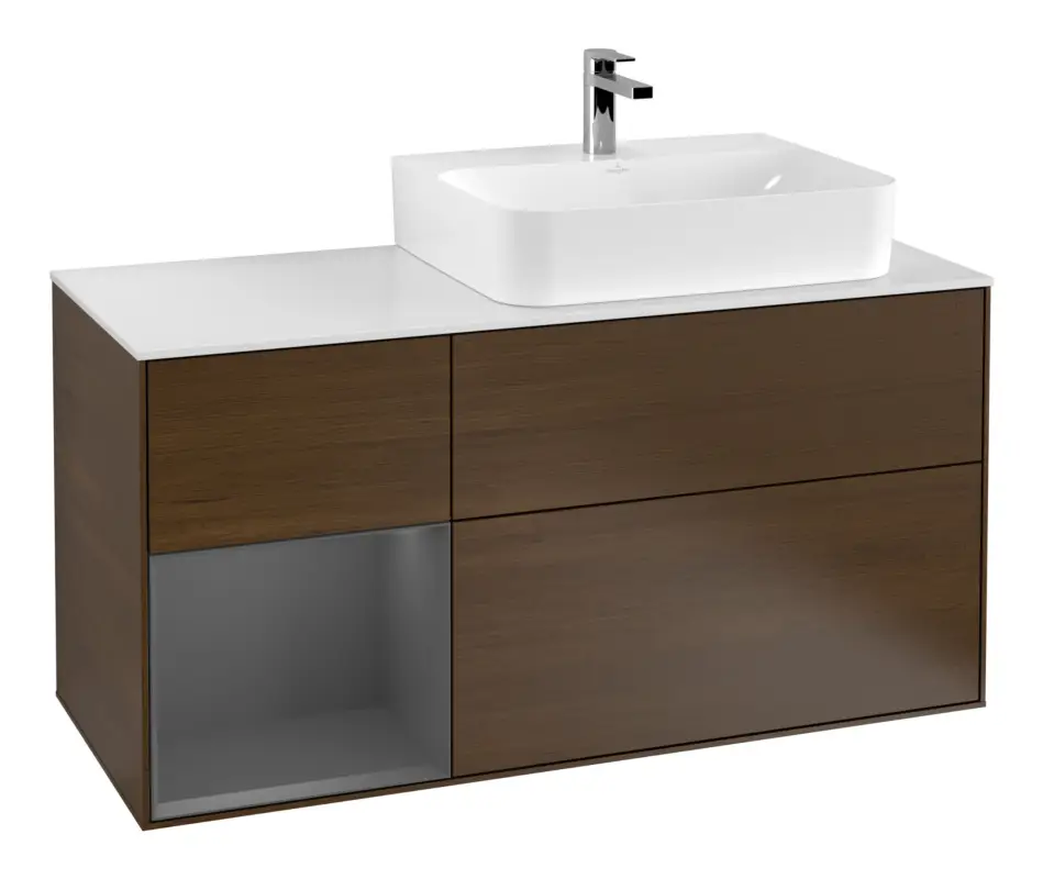 Expressversand Villeroy & Boch Finion Waschbeckenunterschrank für Becken rechts Regal links für Finion / Memento 2.0 3 Auszüge mit Beleuchtung (1x LED) 1200 x 603 x 501 mm - Walnut Veneer / Anthracite Matt Lacquer / Glass White Matt