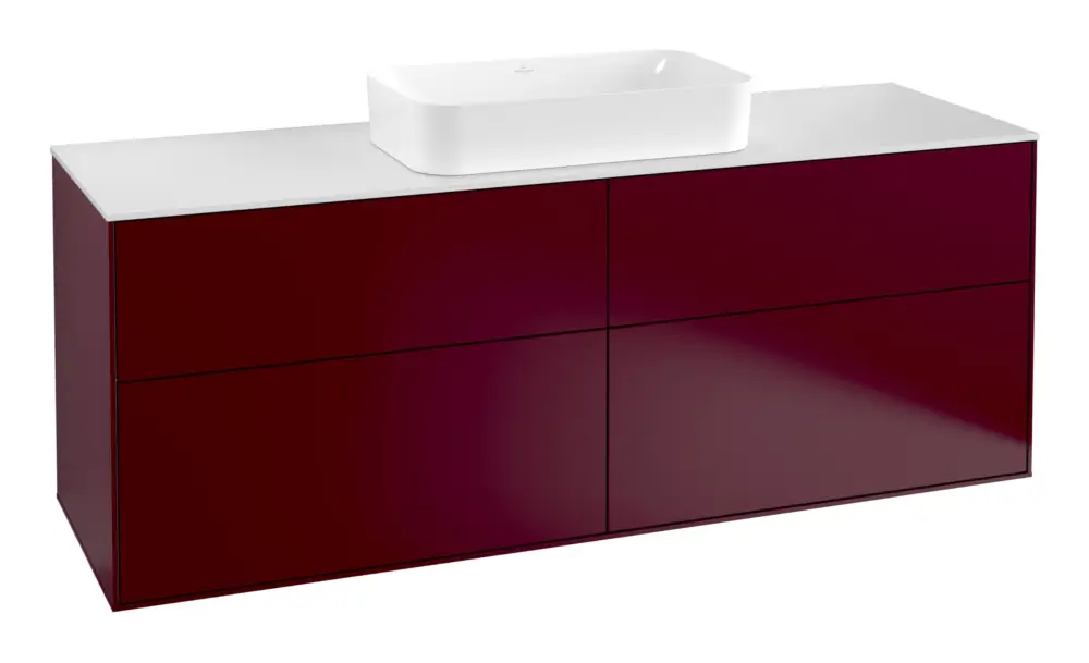 Villeroy & Boch Finion Waschbeckenunterschrank für Becken mittig ohne Regal für Finion 4 Auszüge mit Beleuchtung (2x LED) mit Hahnloch 1600 x 603 x 501 mm - Peony Matt Lacquer / Glass White Matt Neu Im Sortiment