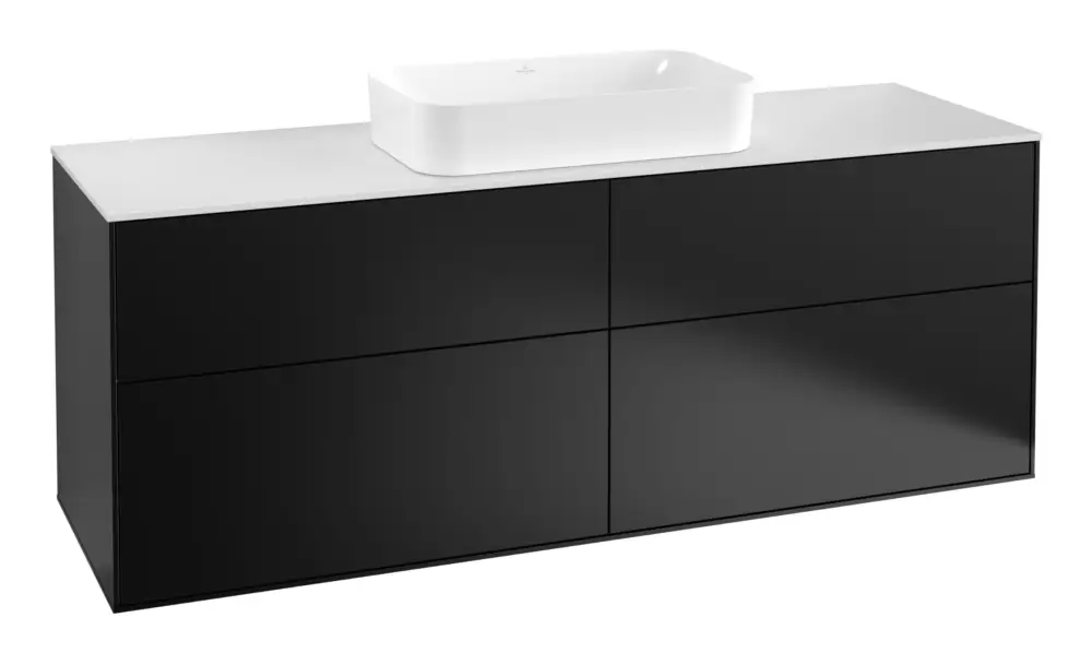 Villeroy & Boch Finion Waschbeckenunterschrank für Becken mittig ohne Regal für Finion 4 Auszüge mit Beleuchtung (2x LED) mit Hahnloch 1600 x 603 x 501 mm - Black Matt Lacquer / Glass White Matt Knallerangebot