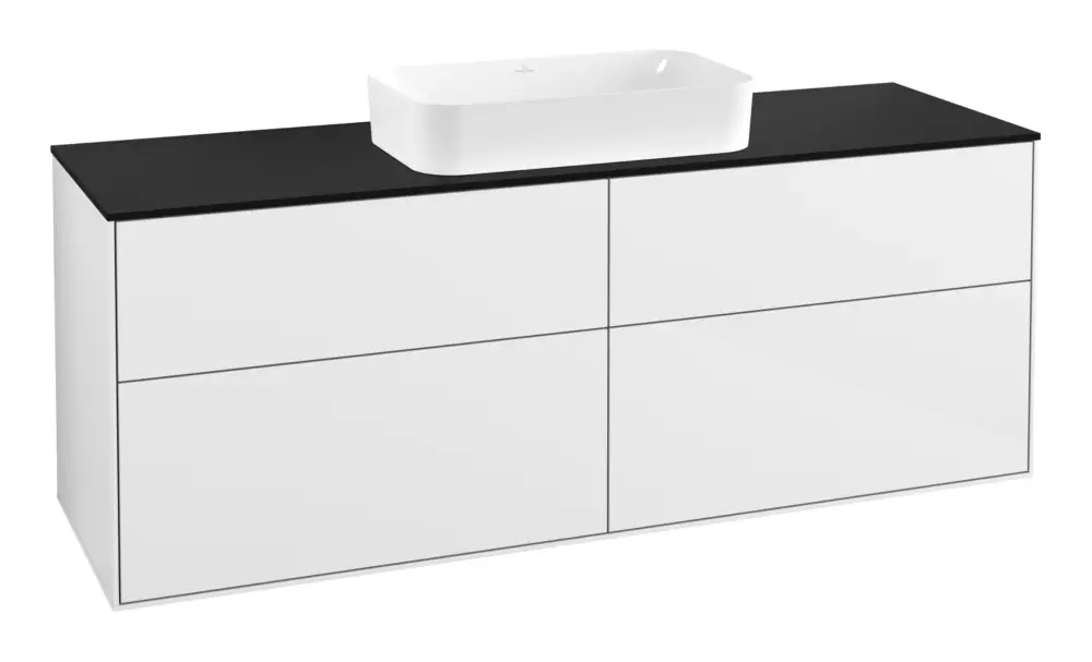 Letzte Chance Villeroy & Boch Finion Waschbeckenunterschrank für Becken mittig ohne Regal für Finion 4 Auszüge mit Beleuchtung (2x LED) mit Hahnloch 1600 x 603 x 501 mm - Glossy White Lacquer / Glass Black Matt