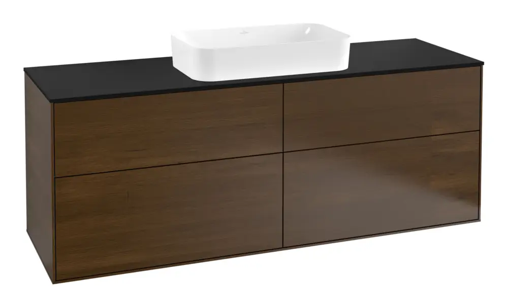 Must-Have Villeroy & Boch Finion Waschbeckenunterschrank für Becken mittig ohne Regal für Finion 4 Auszüge mit Beleuchtung (2x LED) mit Hahnloch 1600 x 603 x 501 mm - Walnut Veneer / Glass Black Matt