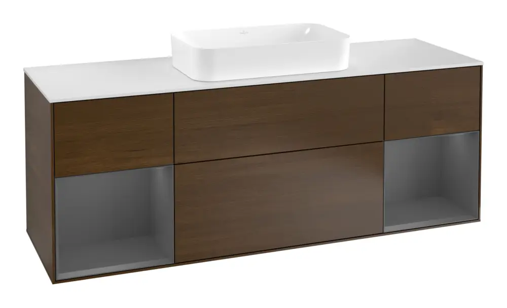Villeroy & Boch Finion Waschbeckenunterschrank für Becken mittig Regal links/rechts für Finion 4 Auszüge mit Beleuchtung (4x LED) 1600 x 603 x 501 mm - Walnut Veneer / Anthracite Matt Lacquer / Glass White Matt Sofort Bestellen