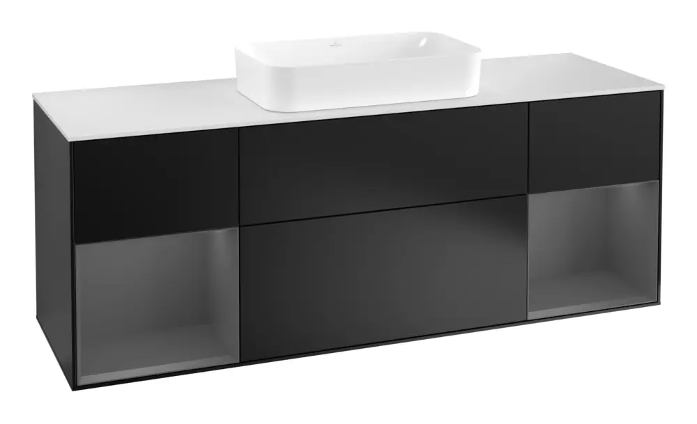 Versand Am Gleichen Tag Villeroy & Boch Finion Waschbeckenunterschrank für Becken mittig Regal links/rechts für Finion 4 Auszüge mit Beleuchtung (4x LED) 1600 x 603 x 501 mm - Black Matt Lacquer / Anthracite Matt Lacquer / Glass White Matt
