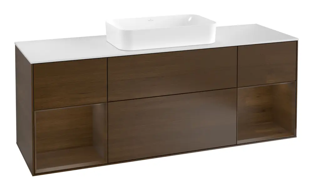 Zertifiziert Villeroy & Boch Finion Waschbeckenunterschrank für Becken mittig Regal links/rechts für Finion 4 Auszüge mit Beleuchtung (4x LED) 1600 x 603 x 501 mm - Walnut Veneer / Glass White Matt