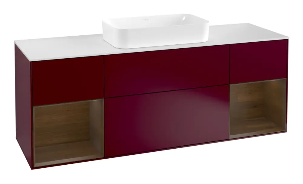 Villeroy & Boch Finion Waschbeckenunterschrank für Becken mittig Regal links/rechts für Finion 4 Auszüge mit Beleuchtung (4x LED) 1600 x 603 x 501 mm - Peony Matt Lacquer / Walnut Veneer / Glass White Matt Schneller Versand