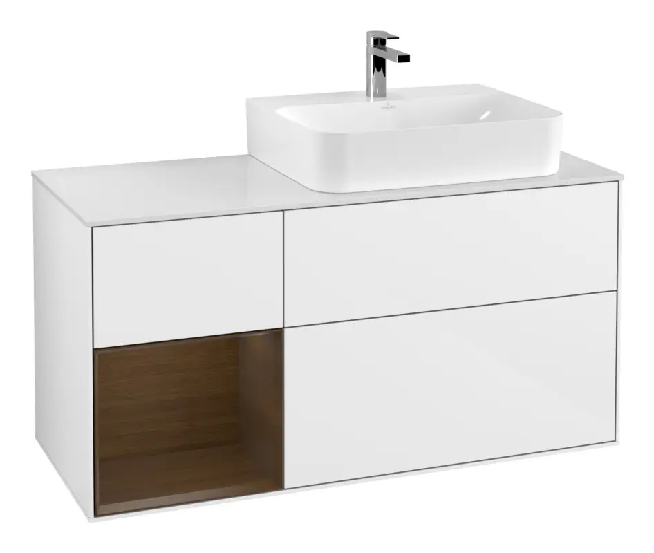 Kracherpreis Villeroy & Boch Finion Waschbeckenunterschrank für Becken rechts Regal links für Finion / Memento 2.0 3 Auszüge mit Beleuchtung (1x LED) 1200 x 603 x 501 mm - Glossy White Lacquer / Walnut Veneer / Glass White Matt