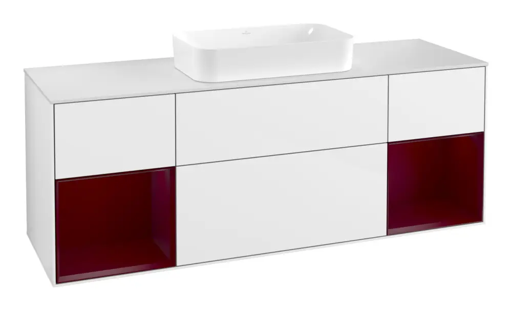 Neu Villeroy & Boch Finion Waschbeckenunterschrank für Becken mittig Regal links/rechts für Finion 4 Auszüge mit Beleuchtung (4x LED) 1600 x 603 x 501 mm - Glossy White Lacquer / Peony Matt Lacquer / Glass White Matt