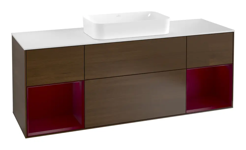 Rabatt Villeroy & Boch Finion Waschbeckenunterschrank für Becken mittig Regal links/rechts für Finion 4 Auszüge mit Beleuchtung (4x LED) 1600 x 603 x 501 mm - Walnut Veneer / Peony Matt Lacquer / Glass White Matt