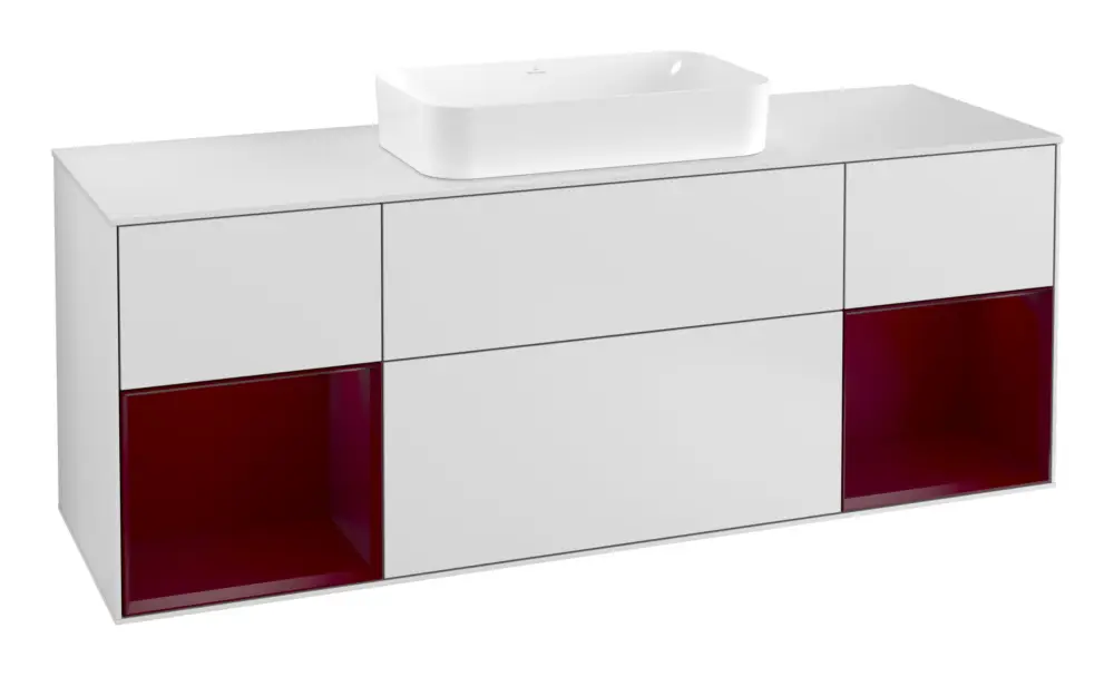 Villeroy & Boch Finion Waschbeckenunterschrank für Becken mittig Regal links/rechts für Finion 4 Auszüge mit Beleuchtung (4x LED) 1600 x 603 x 501 mm - White Matt Lacquer / Peony Matt Lacquer / Glass White Matt Nur Heute