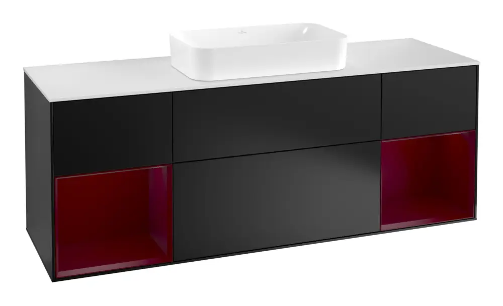 Villeroy & Boch Finion Waschbeckenunterschrank für Becken mittig Regal links/rechts für Finion 4 Auszüge mit Beleuchtung (4x LED) 1600 x 603 x 501 mm - Black Matt Lacquer / Peony Matt Lacquer / Glass White Matt Direktkauf
