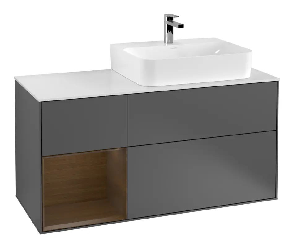 Mega-Angebot Villeroy & Boch Finion Waschbeckenunterschrank für Becken rechts Regal links für Finion / Memento 2.0 3 Auszüge mit Beleuchtung (1x LED) 1200 x 603 x 501 mm - Anthracite Matt Lacquer / Walnut Veneer / Glass White Matt