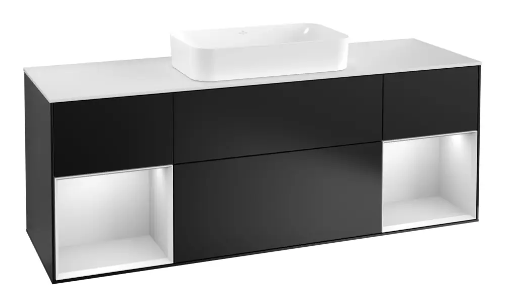 Villeroy & Boch Finion Waschbeckenunterschrank für Becken mittig Regal links/rechts für Finion 4 Auszüge mit Beleuchtung (4x LED) 1600 x 603 x 501 mm - Black Matt Lacquer / White Matt Lacquer / Glass White Matt Highlight