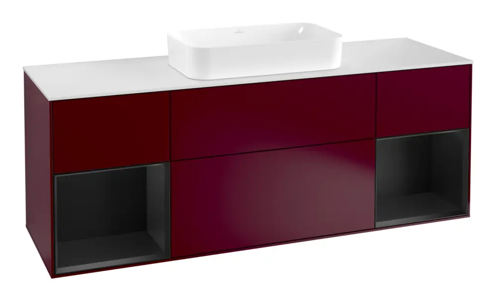 Neue Kollektion Villeroy & Boch Finion Waschbeckenunterschrank für Becken mittig Regal links/rechts für Finion 4 Auszüge mit Beleuchtung (4x LED) 1600 x 603 x 501 mm - Peony Matt Lacquer / Black Matt Lacquer / Glass White Matt