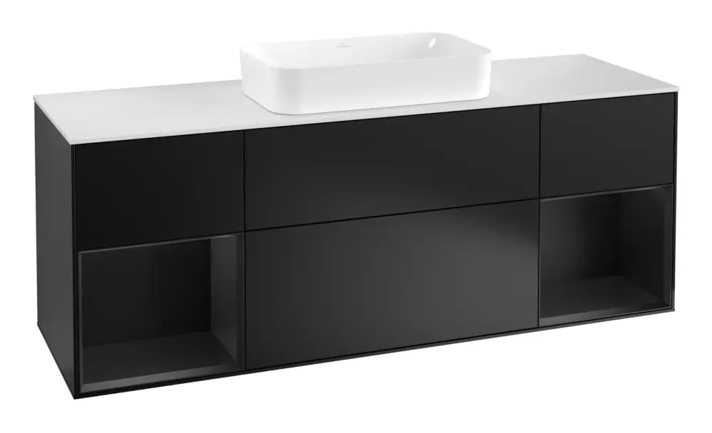 Villeroy & Boch Finion Waschbeckenunterschrank für Becken mittig Regal links/rechts für Finion 4 Auszüge mit Beleuchtung (4x LED) 1600 x 603 x 501 mm - Black Matt Lacquer / Glass White Matt Neu